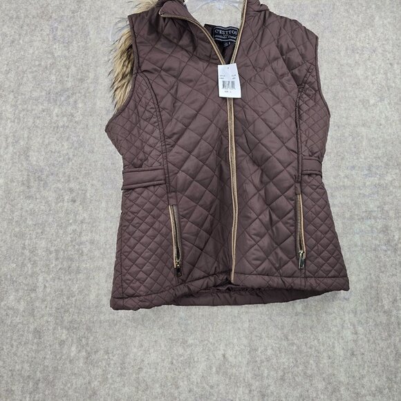 CEsttoi Womens Quilted Zip-Up Brown Vest With Fur Hood And Pockets Polyester - Picture 1 of 8